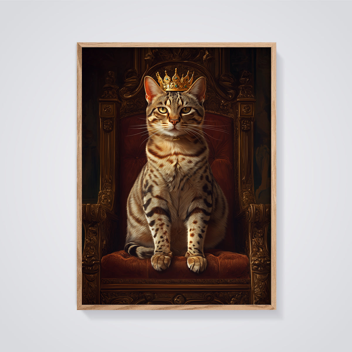 Regal Cat King Print framed in oak on a grey background