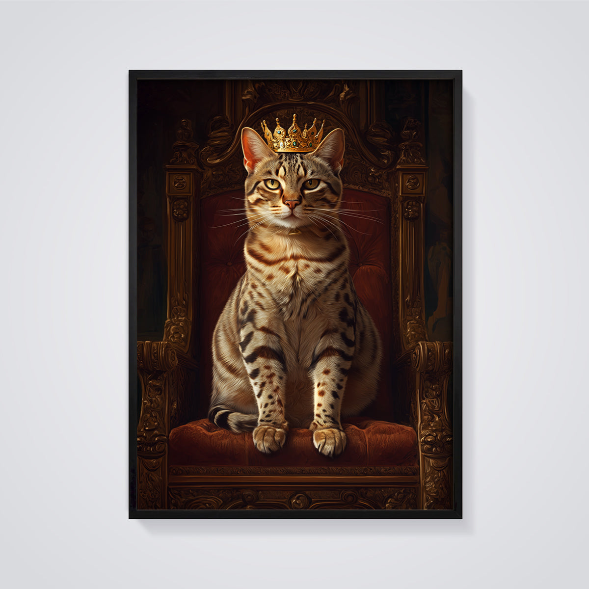 Regal Cat King Print framed in black on a grey background