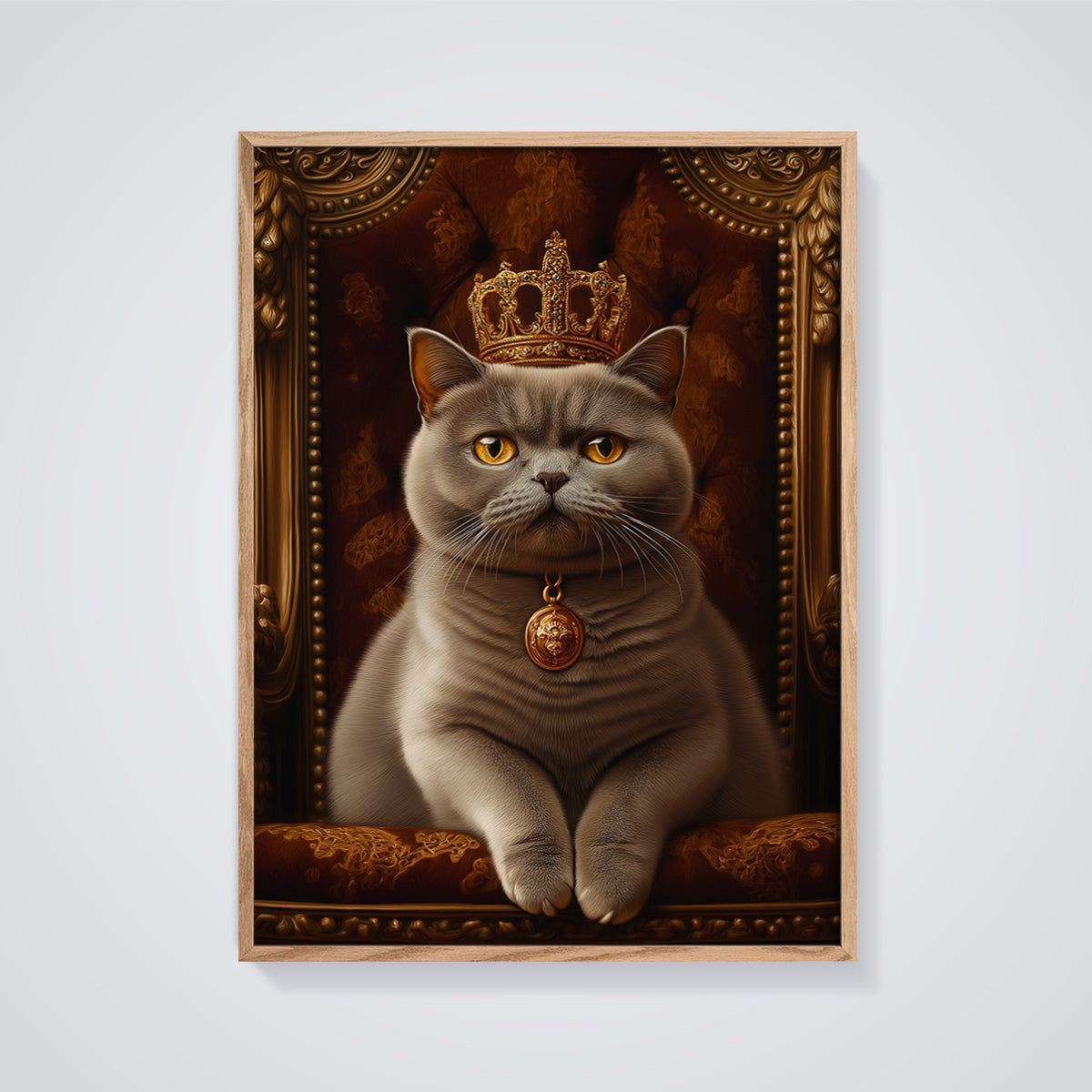 Regal Cat King Throne Print framed in oak on a grey background