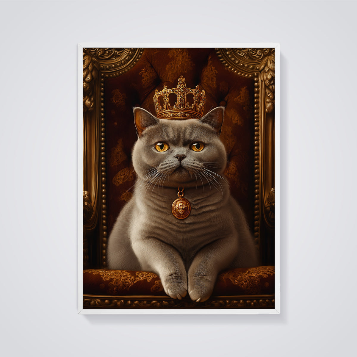 Regal Cat King Throne Print framed in white on a grey background