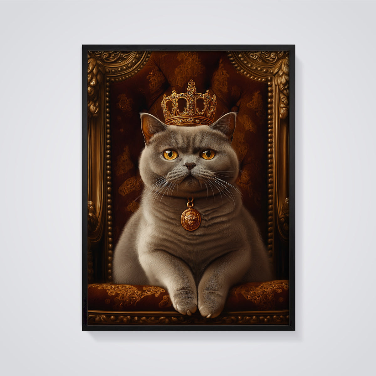 Regal Cat King Throne Print framed in black on a grey background