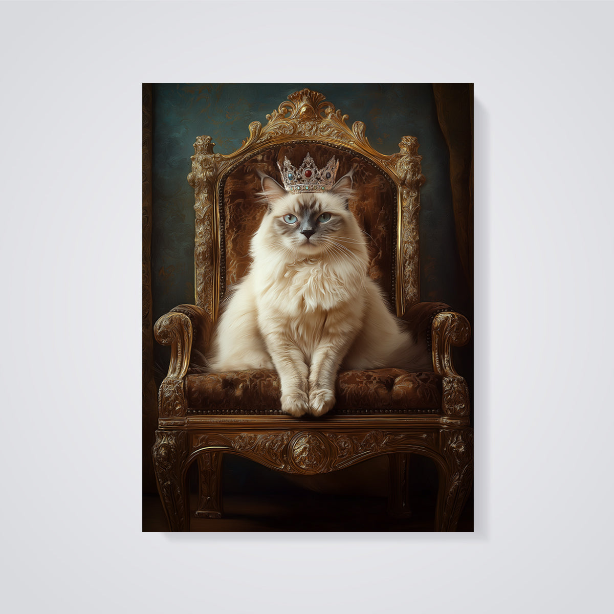 Regal Cat on Throne Print unframed on a grey background