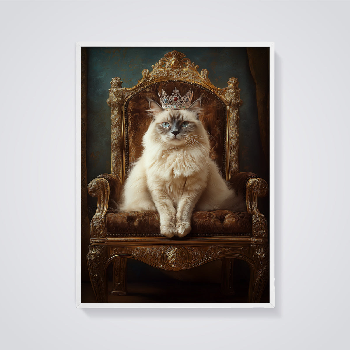 Regal Cat on Throne Print framed in white on a grey background