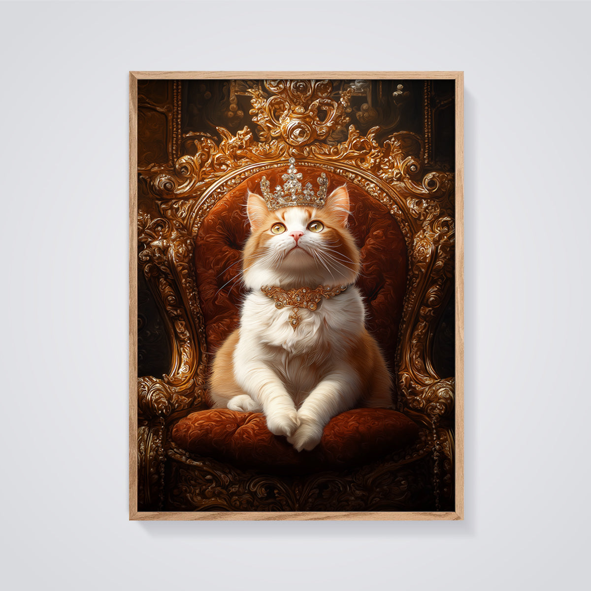 Regal Cat on Throne Print Aesthetic framed in oak on a grey background