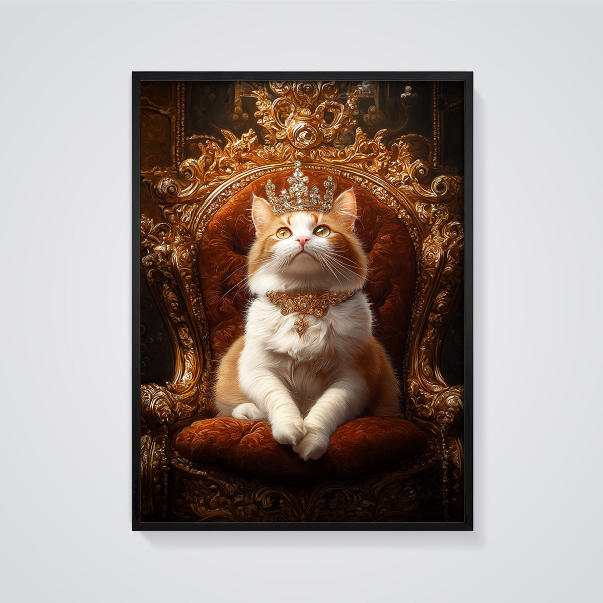 Regal Cat on Throne Print Aesthetic framed in black on a grey background