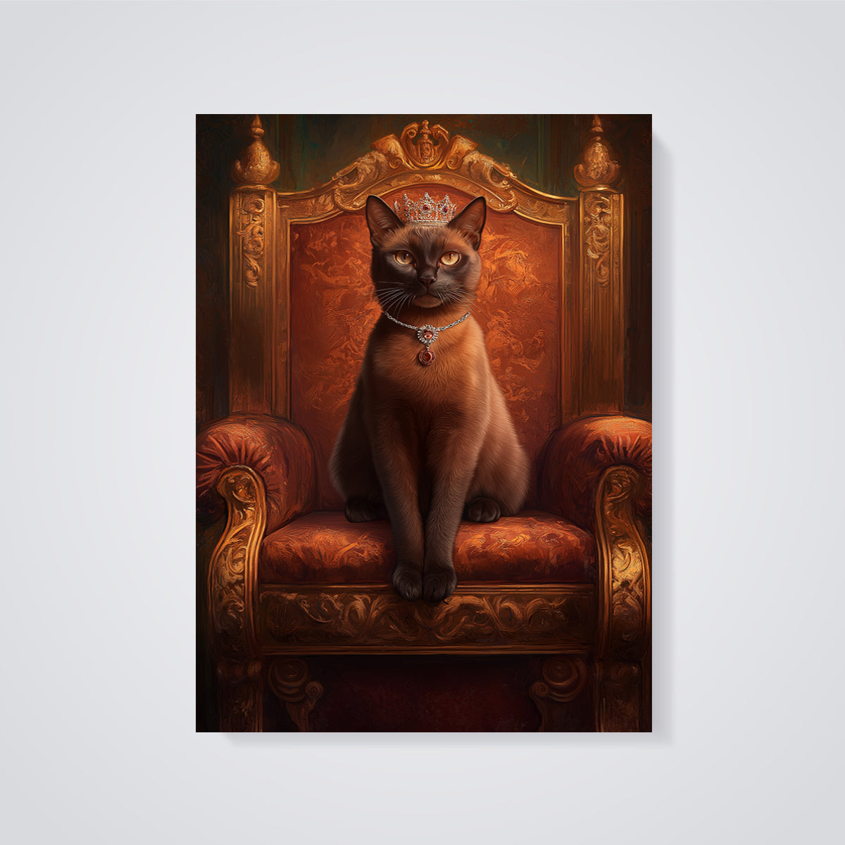 Regal Cat on Throne Print Poster unframed on a grey background