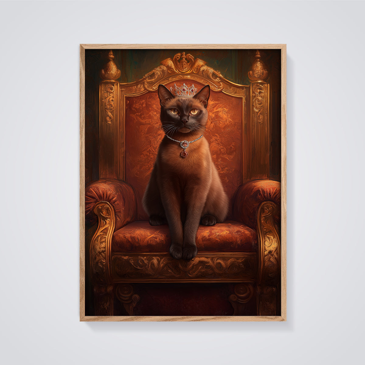Regal Cat on Throne Print Poster framed in oak on a grey background