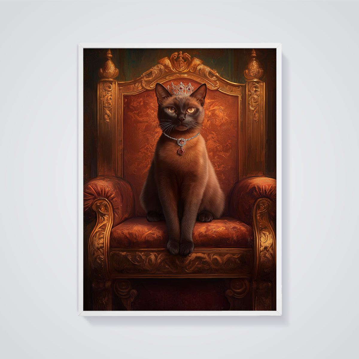 Regal Cat on Throne Print Poster framed in white on a grey background