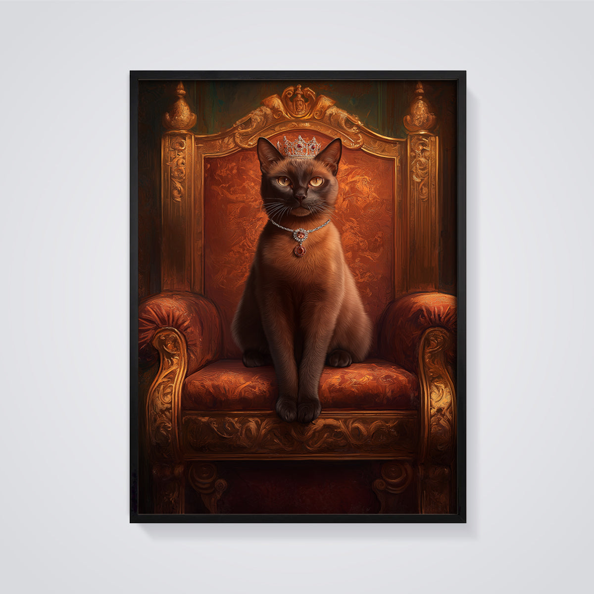 Regal Cat on Throne Print Poster framed in black on a grey background