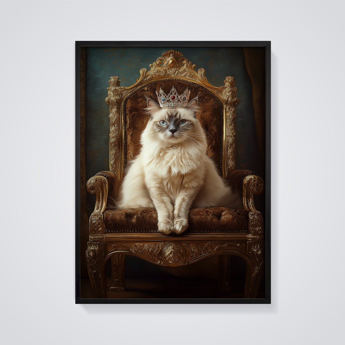 Regal Cat on Throne Print framed in black on a grey background
