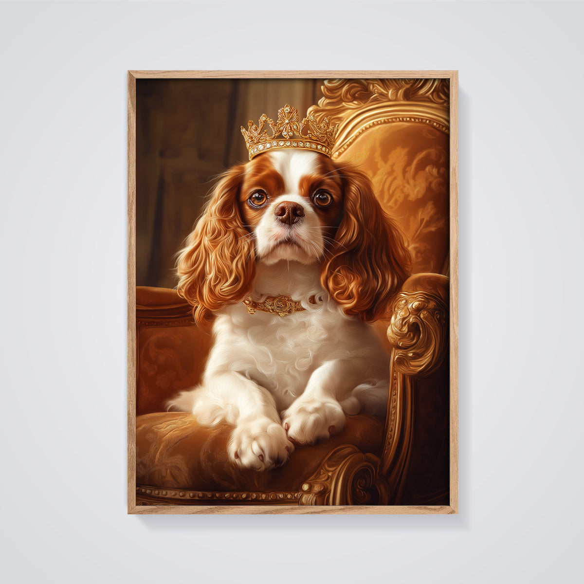 Regal Cavalier King Charles Print framed in oak on a grey background