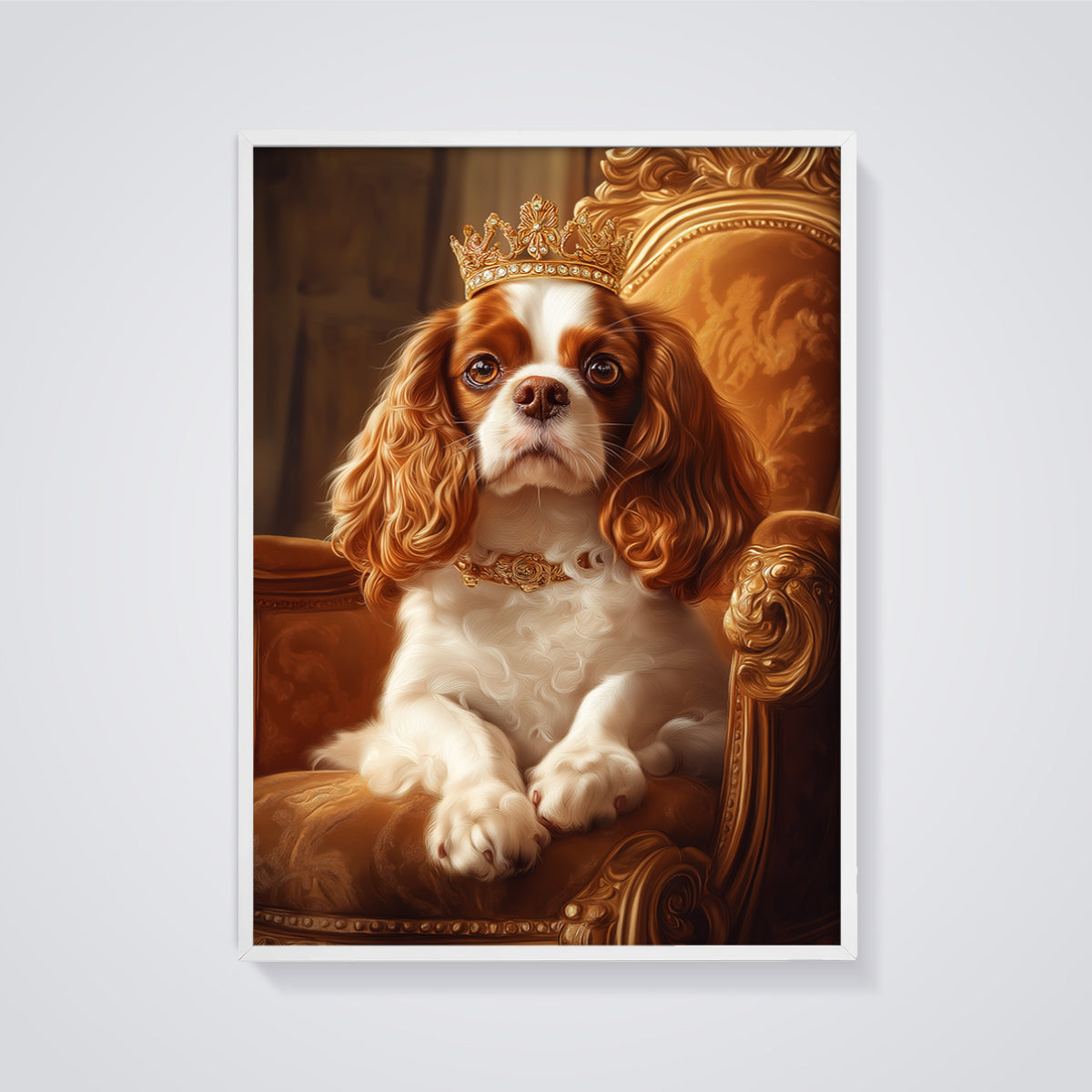 Regal Cavalier King Charles Print framed in white on a grey background