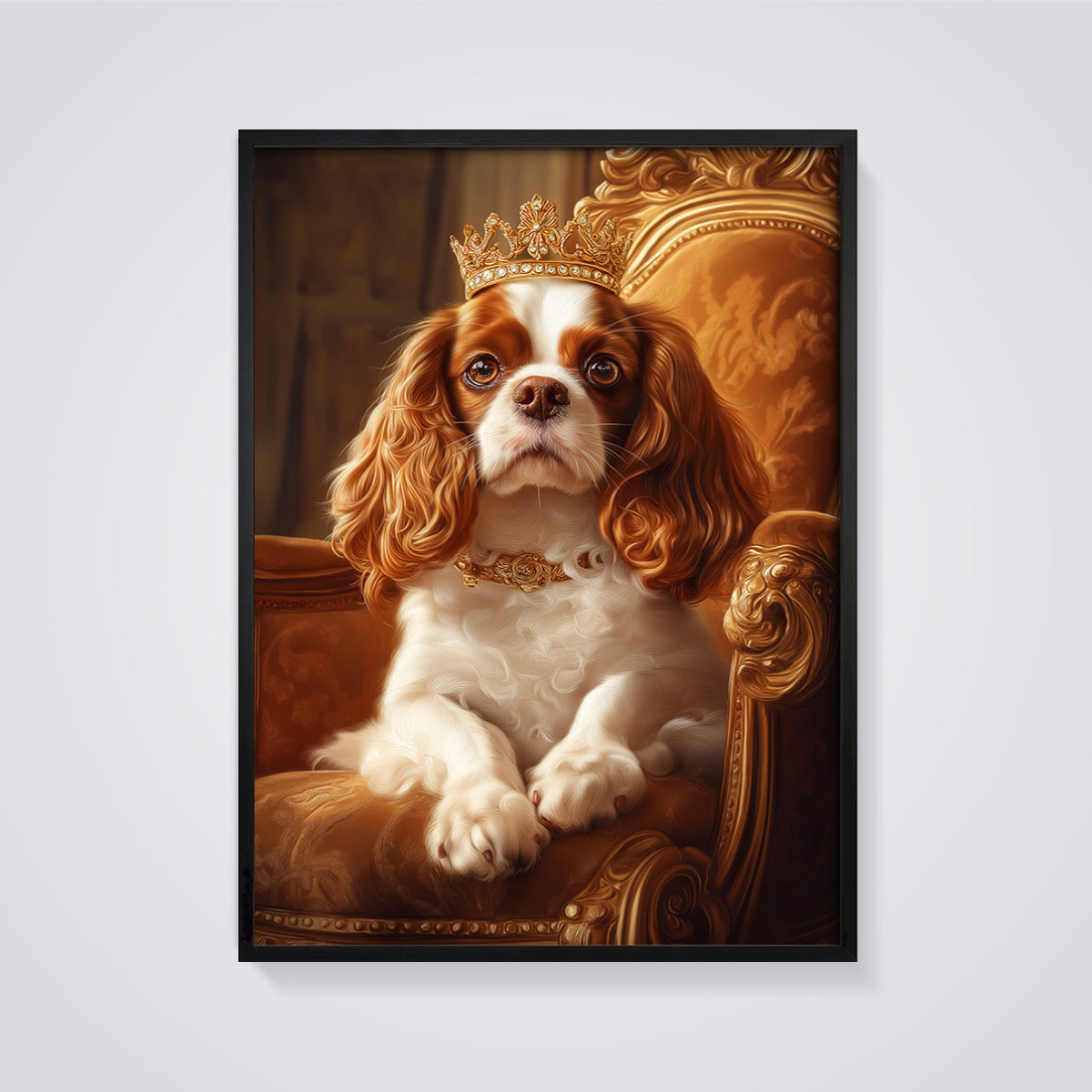 Regal Cavalier King Charles Print framed in black on a grey background
