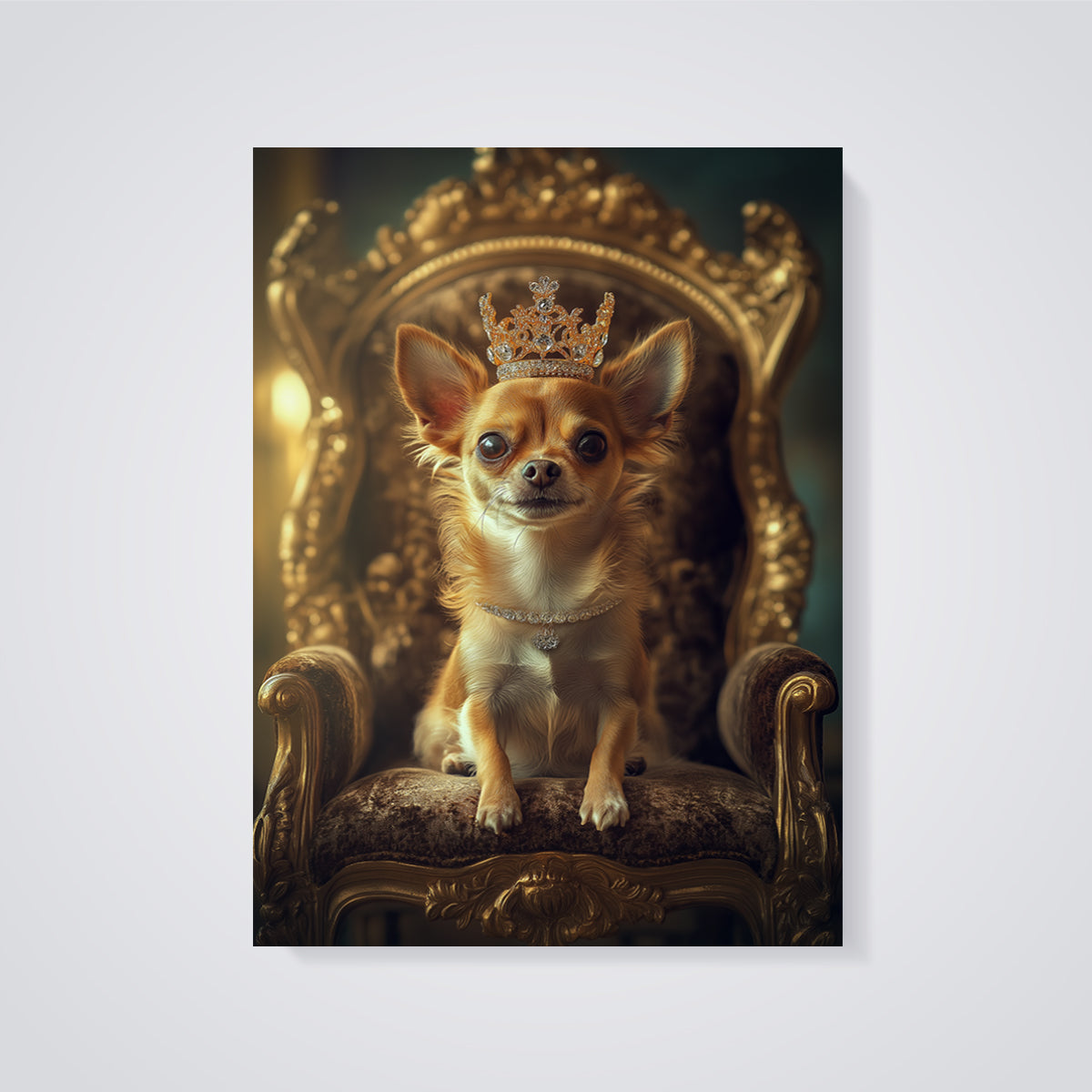 Regal Chihuahua Crown Print unframed on a grey background