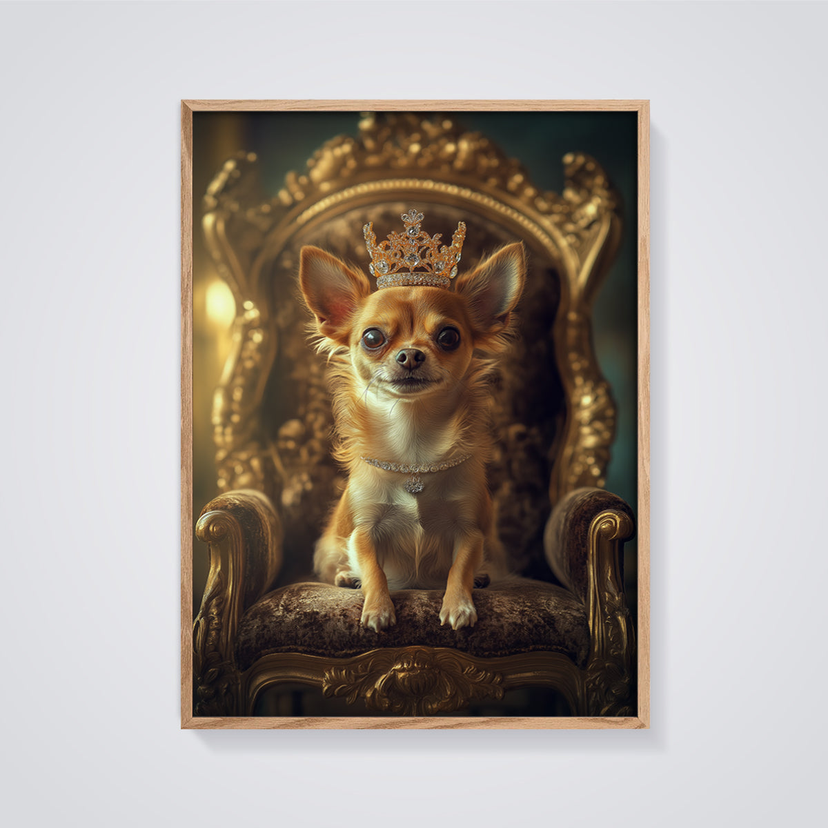 Regal Chihuahua Crown Print framed in oak on a grey background