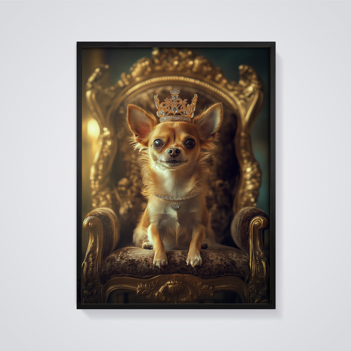 Regal Chihuahua Crown Print framed in black on a grey background
