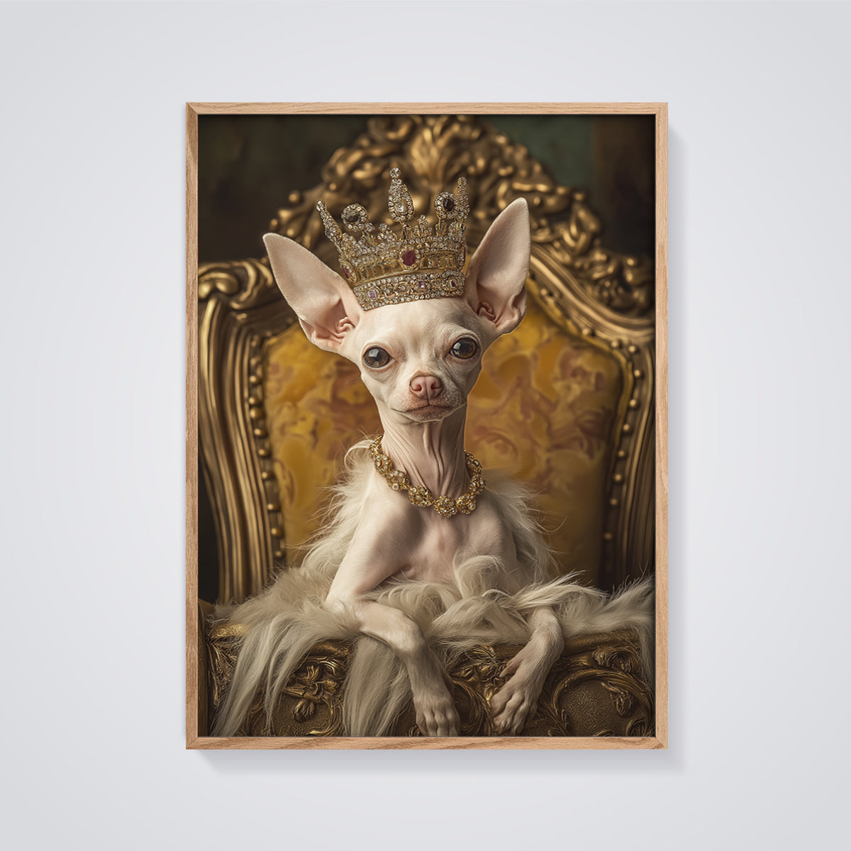 Regal Chihuahua Queen Print framed in oak on a grey background