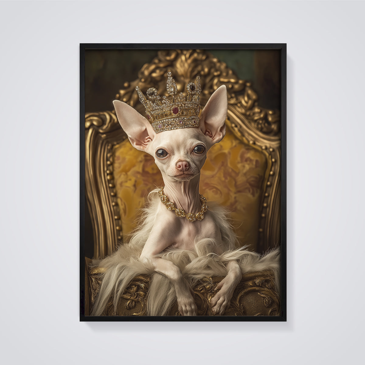 Regal Chihuahua Queen Print framed in black on a grey background