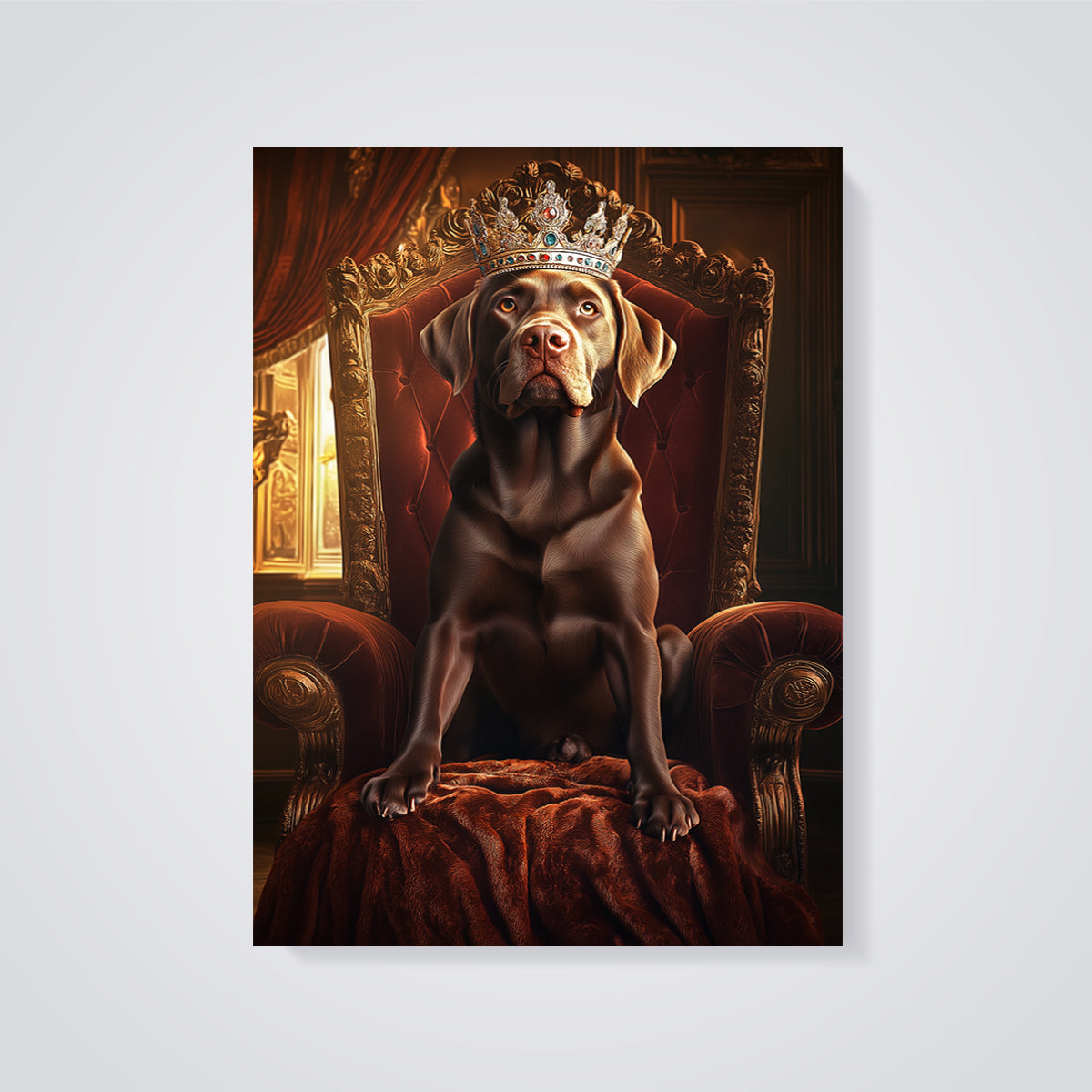 Regal Chocolate Labrador Print unframed on a grey background