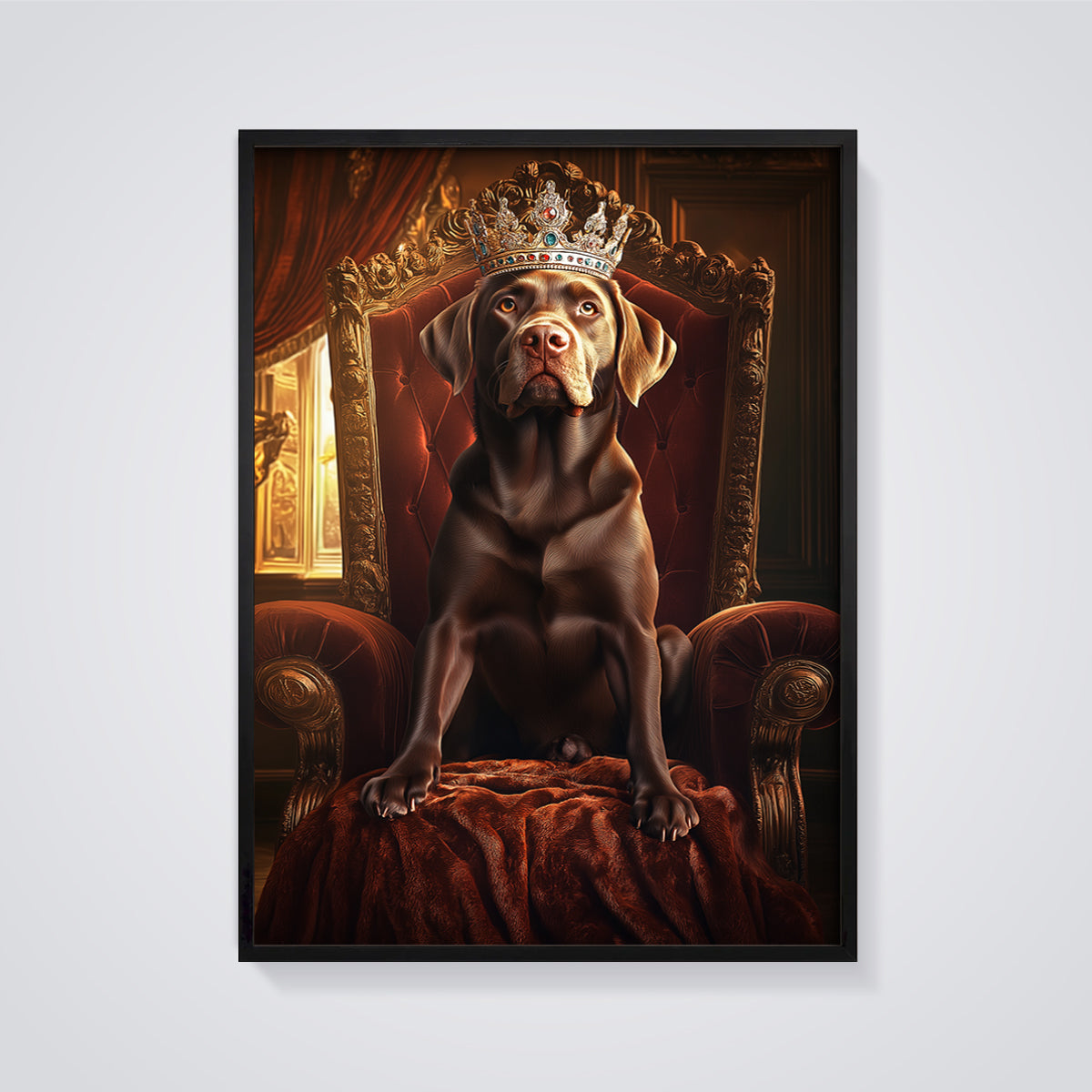 Regal Chocolate Labrador Print framed in black on a grey background