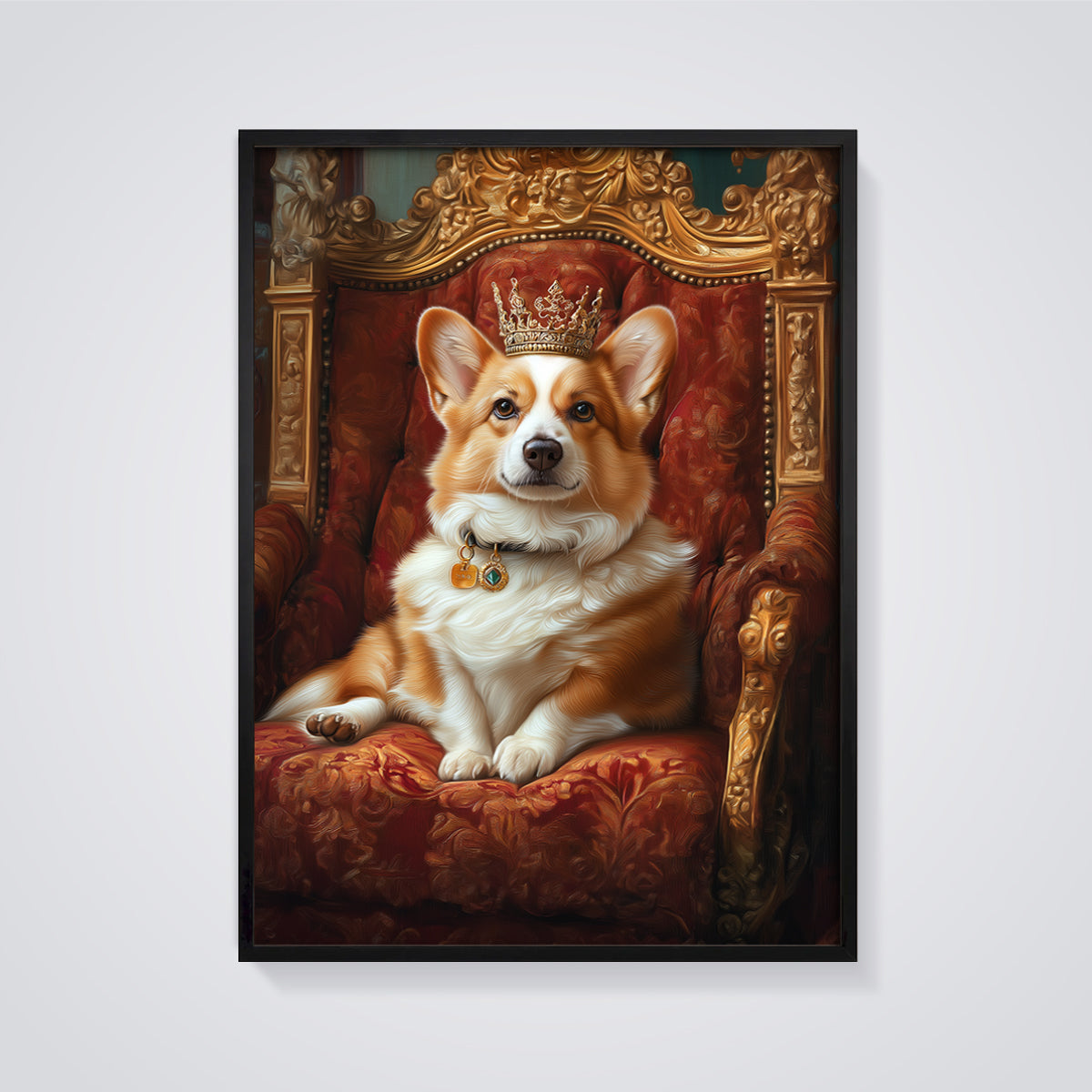 Regal Corgi King Print framed in black on a grey background