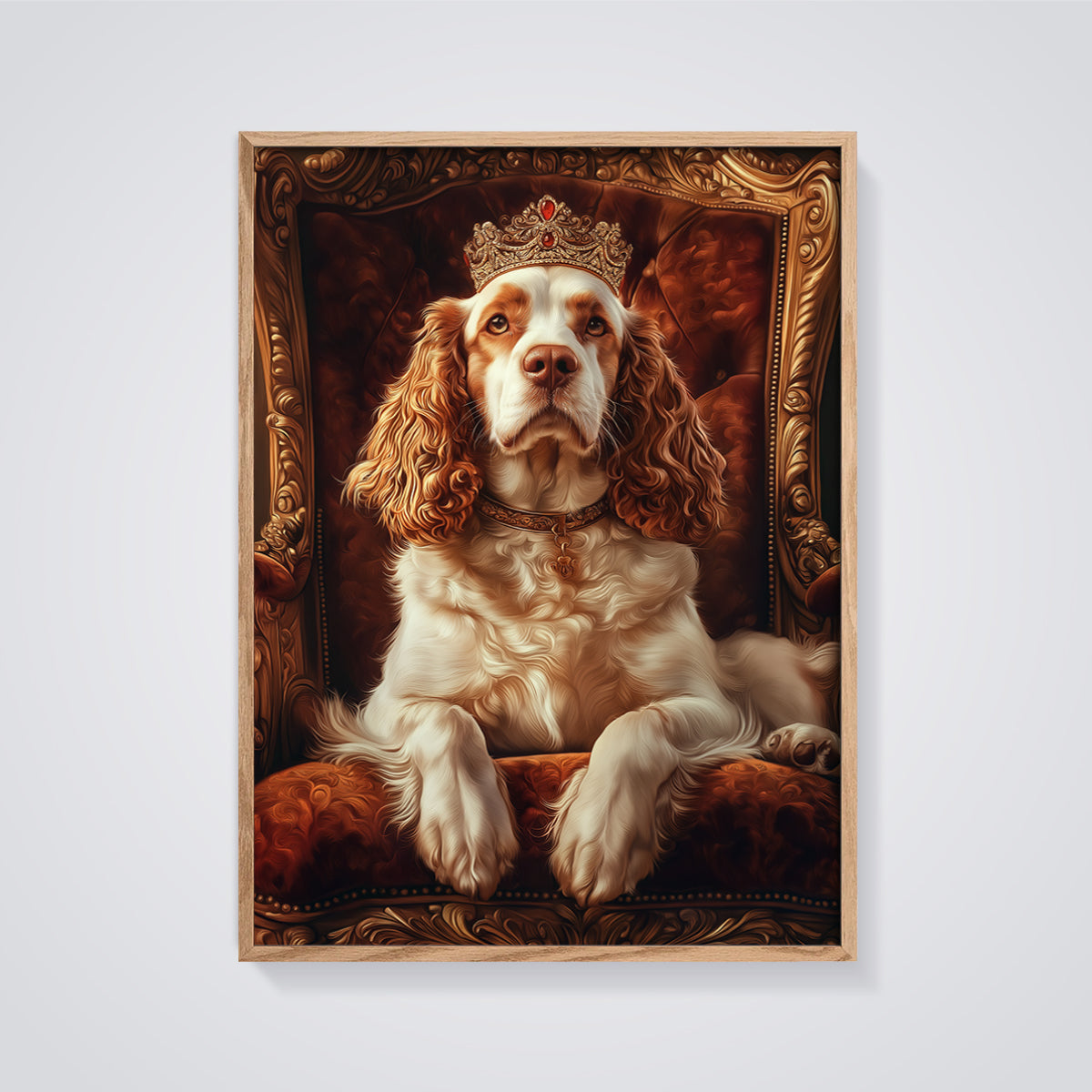 Regal Crowned Dog Portrait Print framed in oak on a grey background