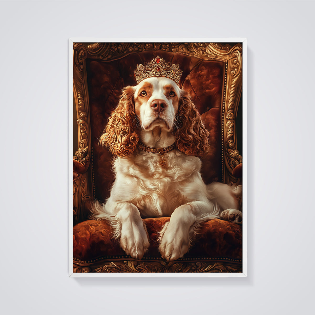 Regal Crowned Dog Portrait Print framed in white on a grey background