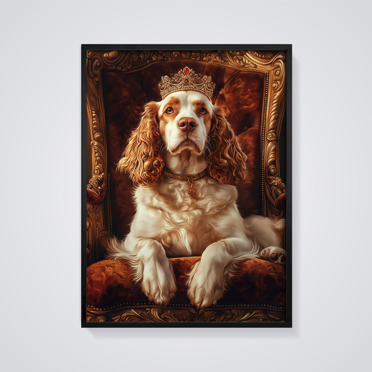Regal Crowned Dog Portrait Print framed in black on a grey background