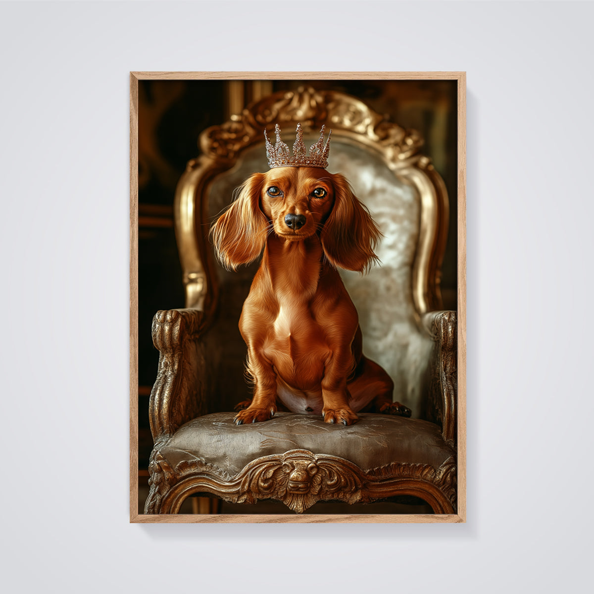 Regal Dachshund Print framed in oak on a grey background