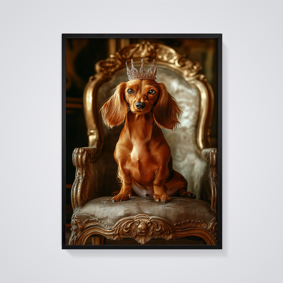 Regal Dachshund Print framed in black on a grey background