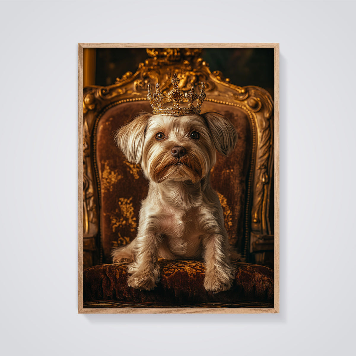 Regal Dog King Portrait Print framed in oak on a grey background