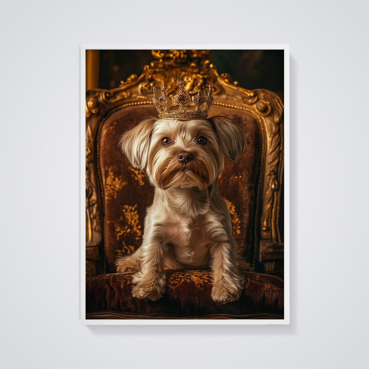 Regal Dog King Portrait Print framed in white on a grey background