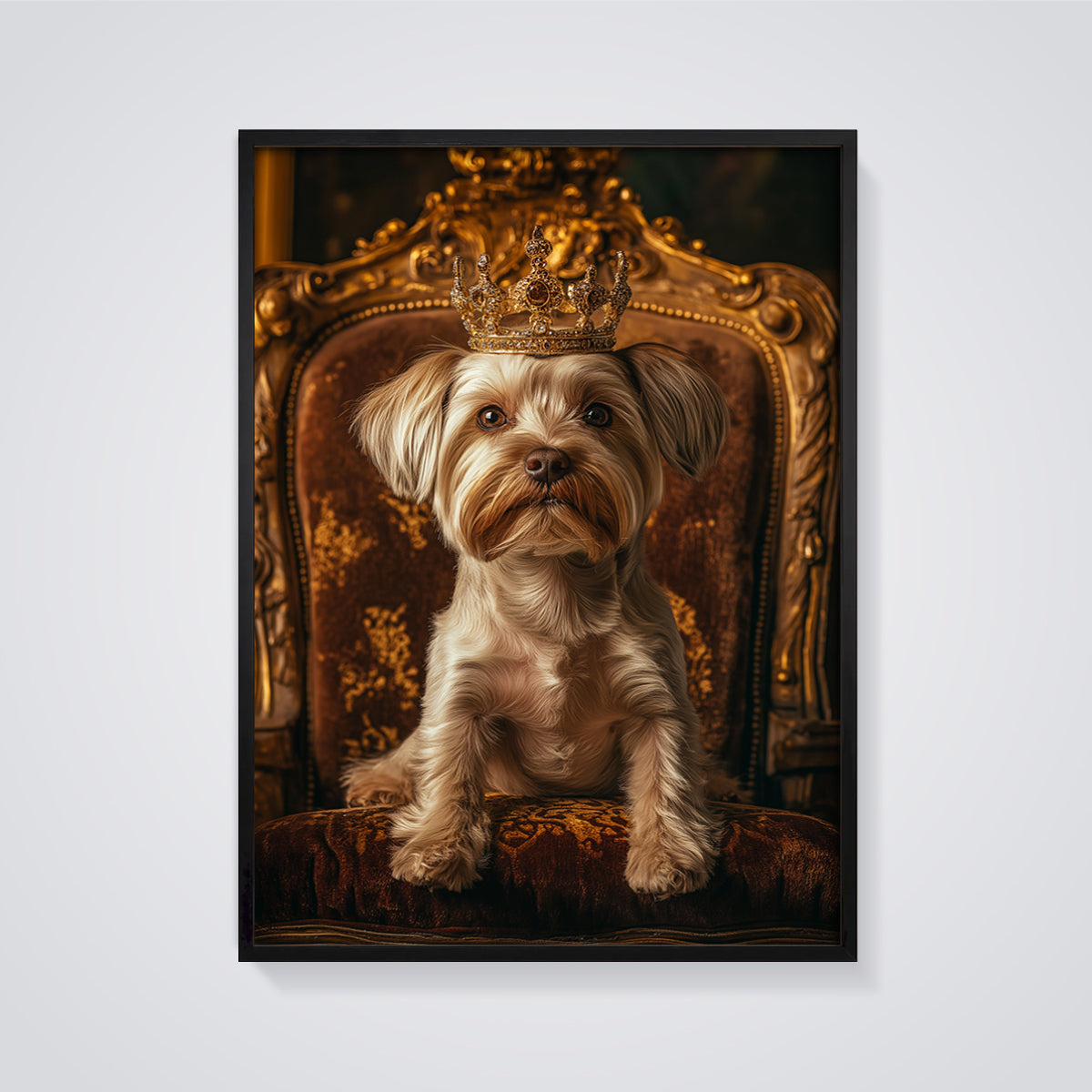 Regal Dog King Portrait Print framed in black on a grey background