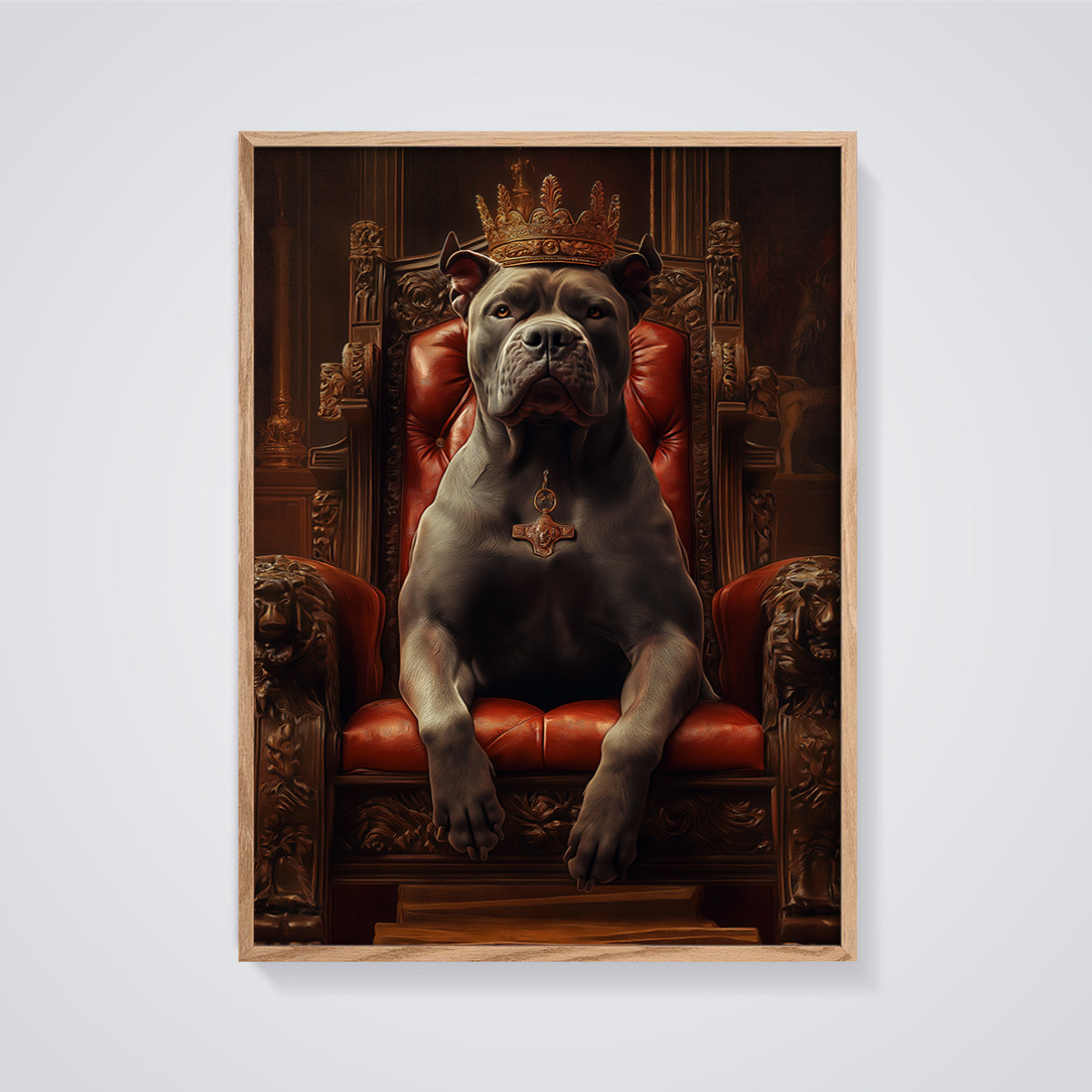 Regal Dog King Print framed in oak on a grey background