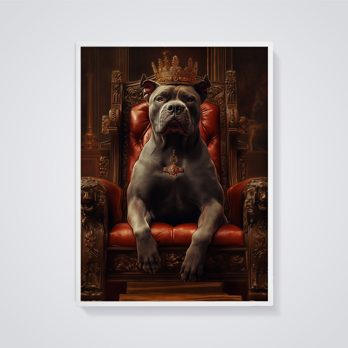 Regal Dog King Print framed in white on a grey background