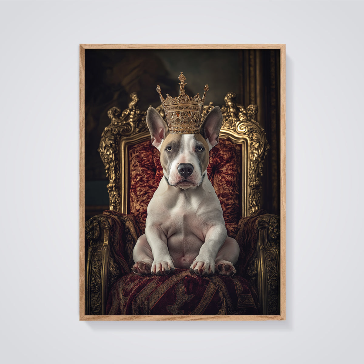 Regal Dog King Print Aesthetic framed in oak on a grey background