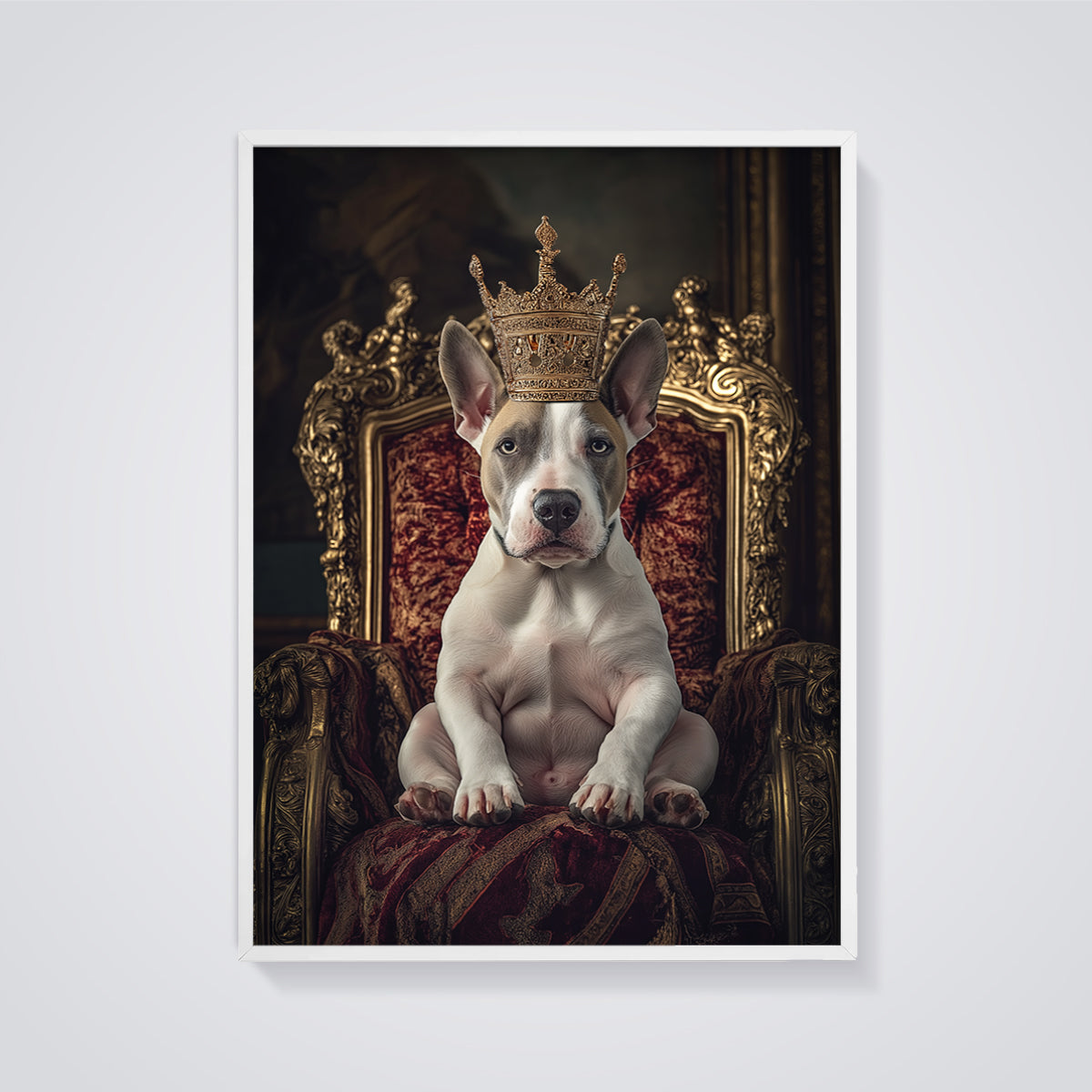 Regal Dog King Print Aesthetic framed in white on a grey background