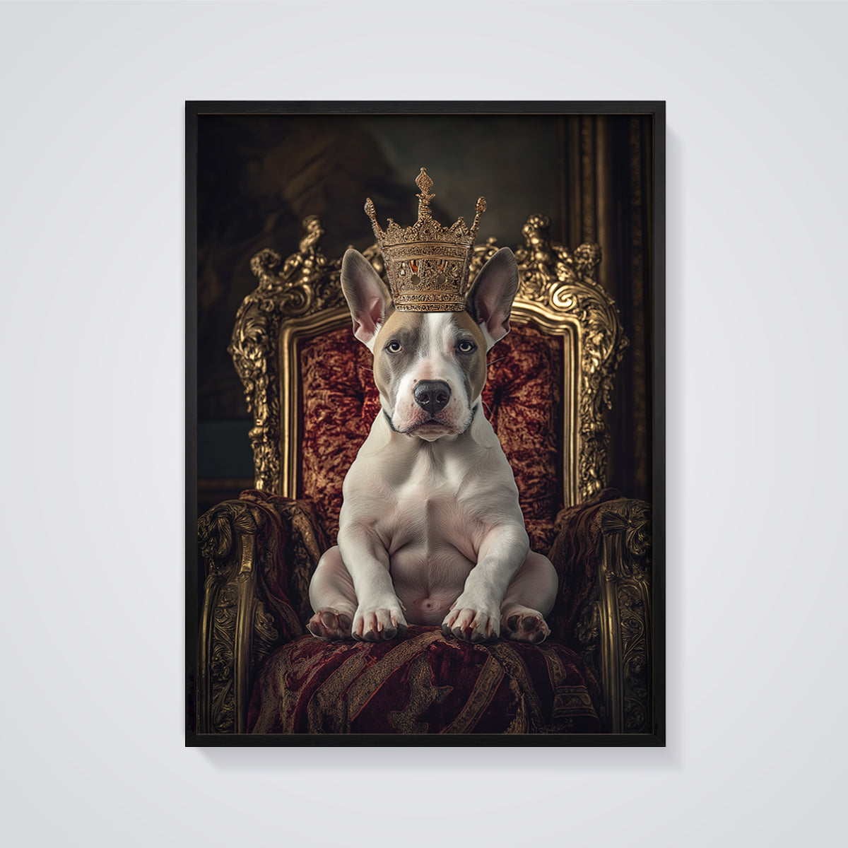 Regal Dog King Print Aesthetic framed in black on a grey background