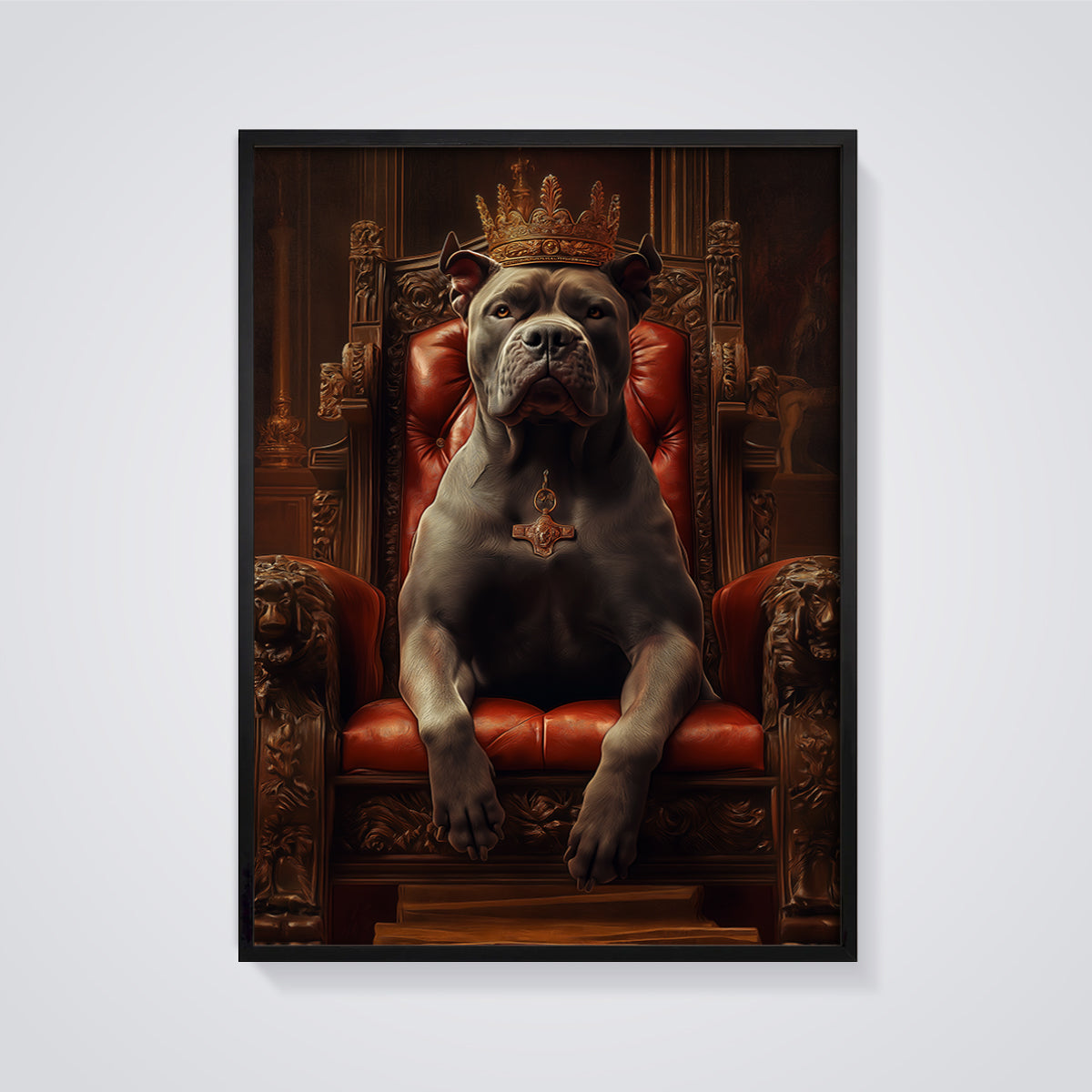 Regal Dog King Print framed in black on a grey background