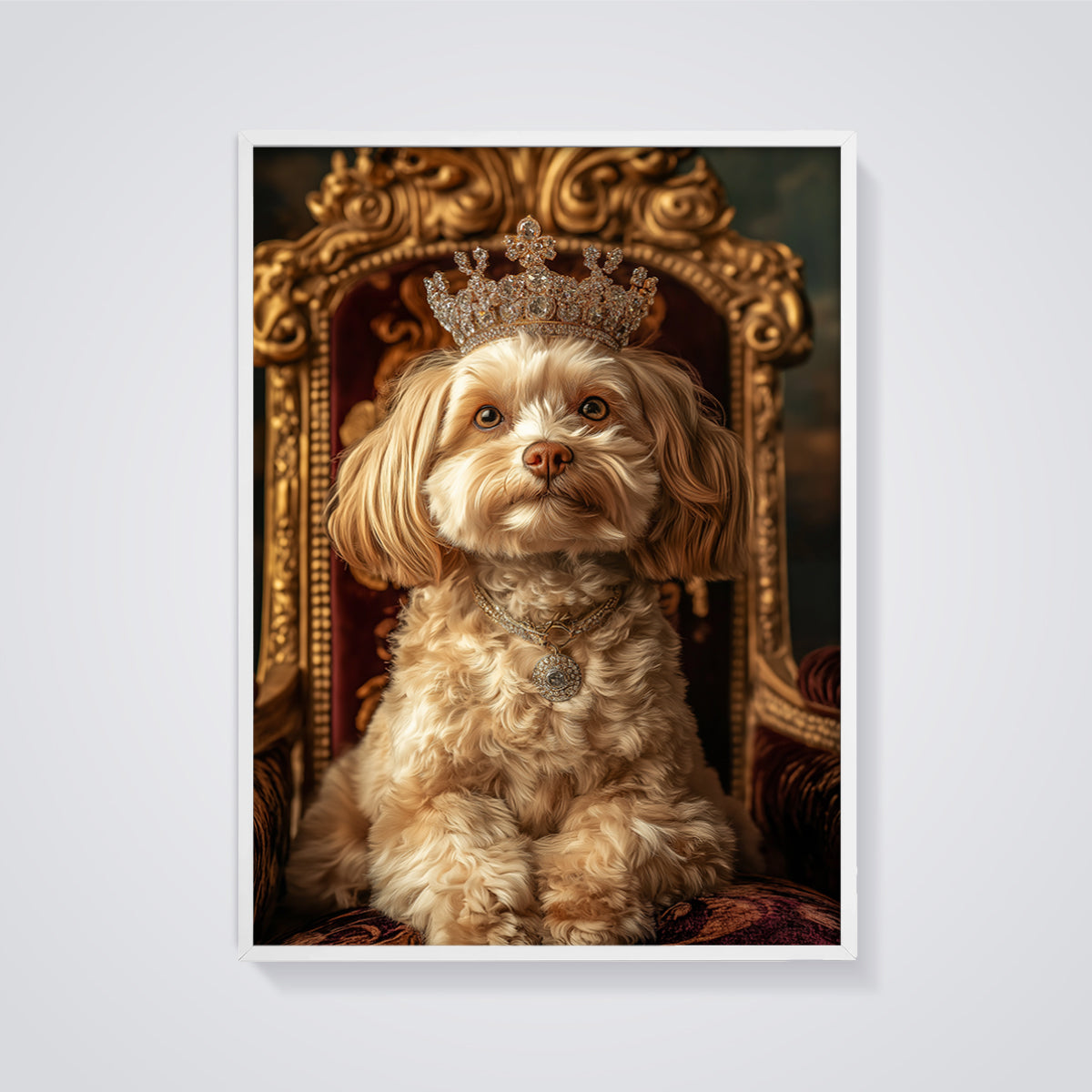 Regal Dog Portrait Print framed in white on a grey background