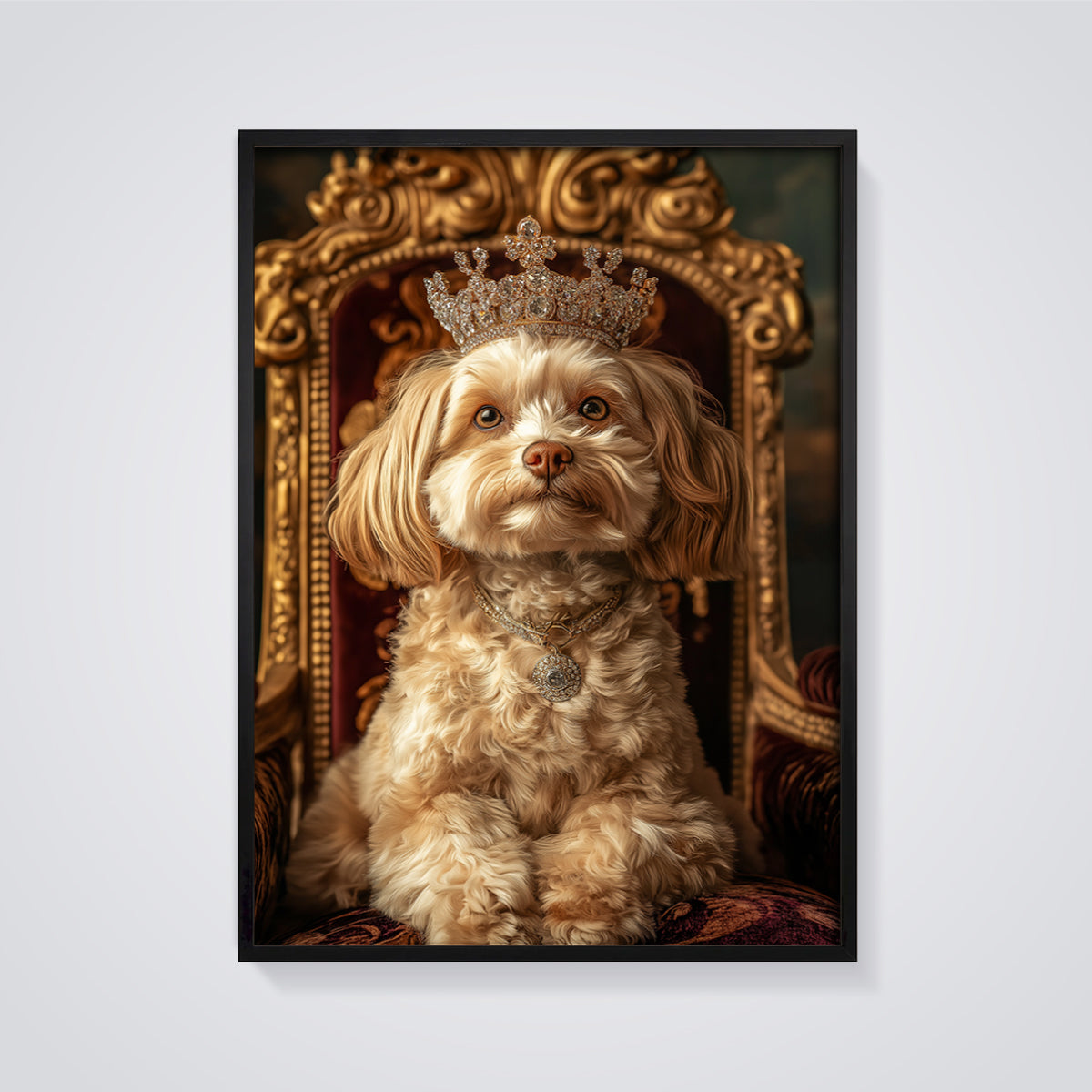 Regal Dog Portrait Print framed in black on a grey background