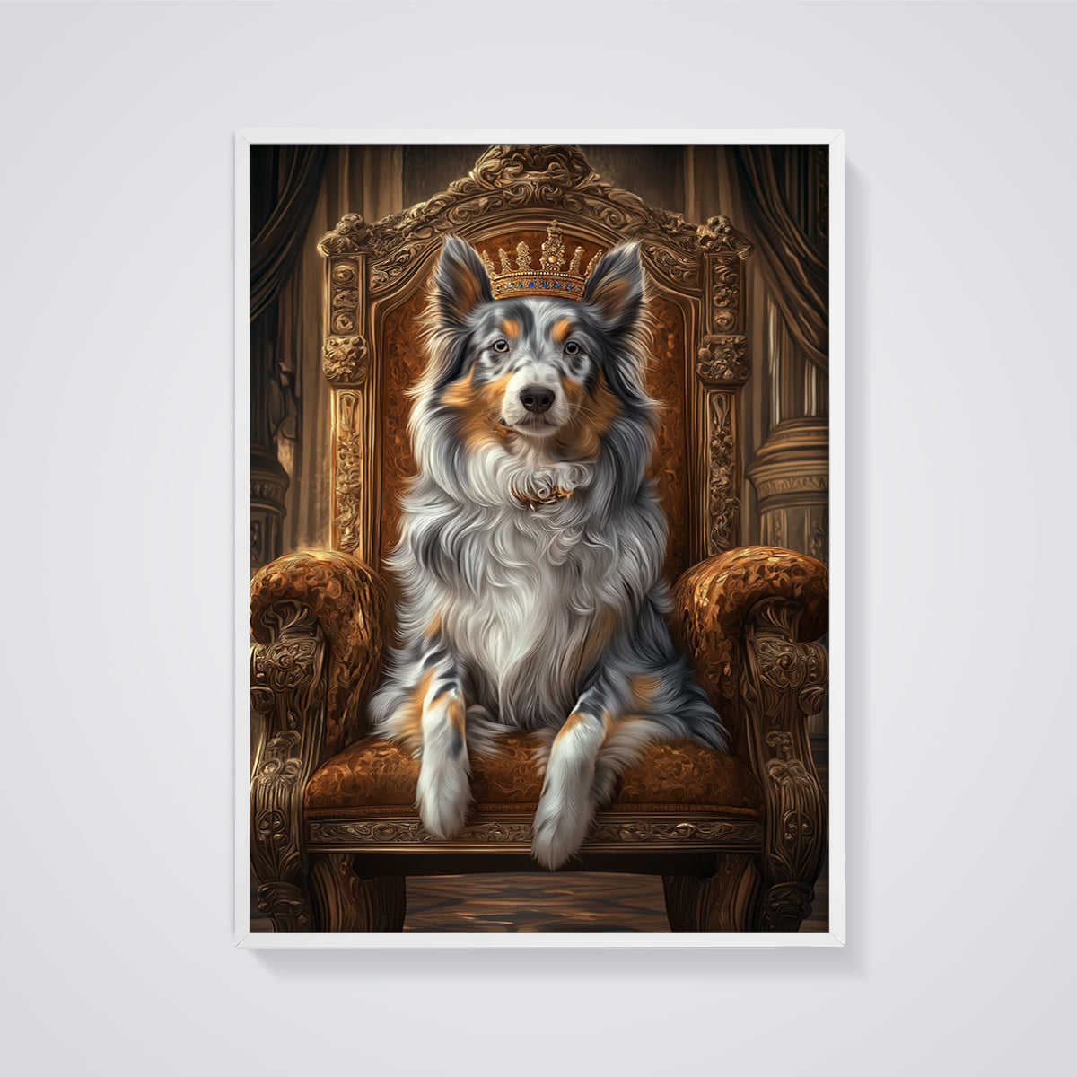 Regal Dog Throne Print framed in white on a grey background