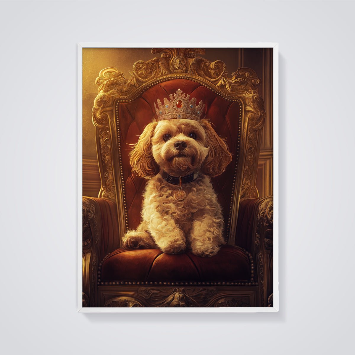 Regal Dog Throne Print Aesthetic framed in white on a grey background