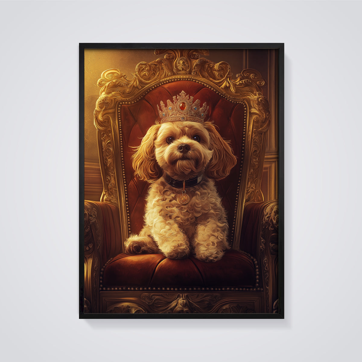 Regal Dog Throne Print Aesthetic framed in black on a grey background