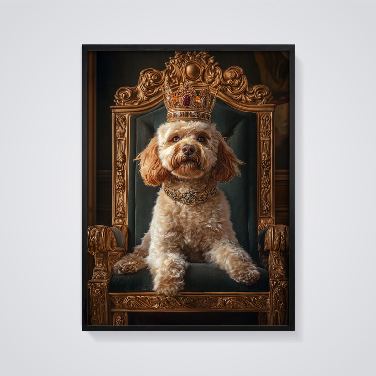 Regal Dog Throne Print Art framed in black on a grey background
