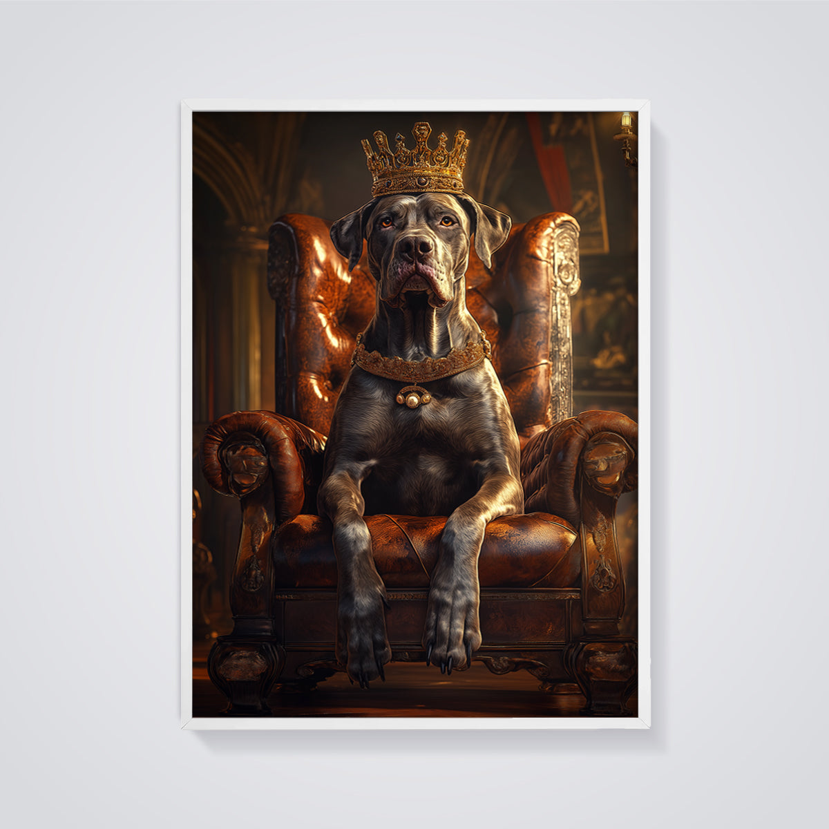 Regal Dog Throne Print Poster framed in white on a grey background