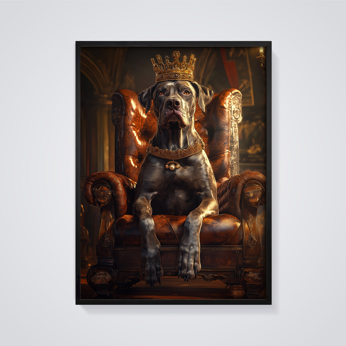 Regal Dog Throne Print Poster framed in black on a grey background