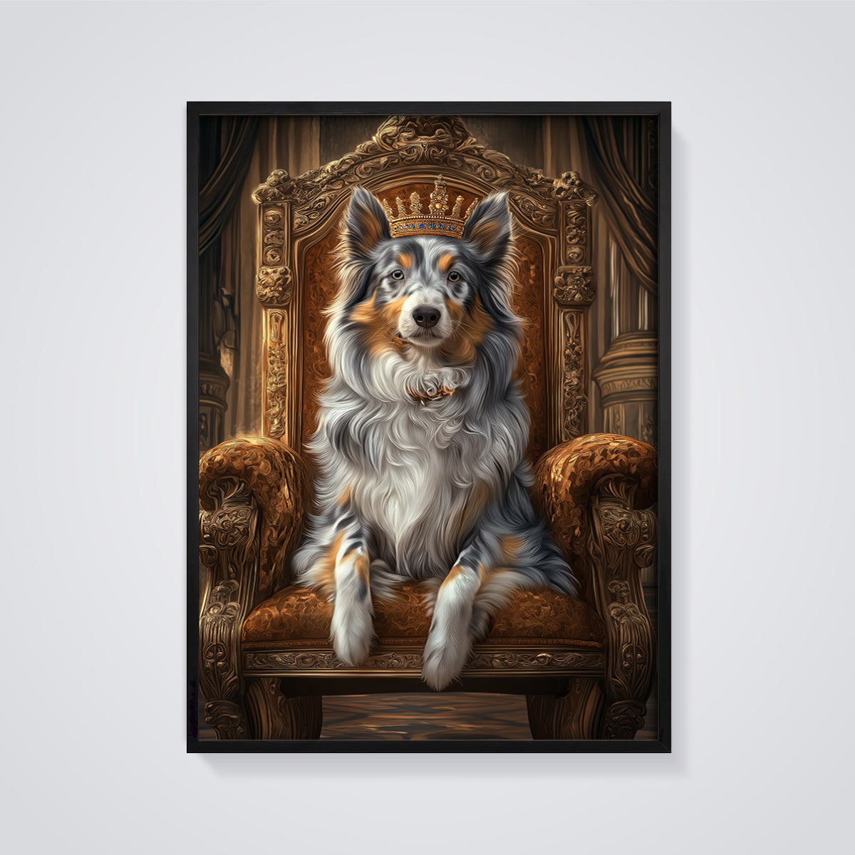 Regal Dog Throne Print framed in black on a grey background