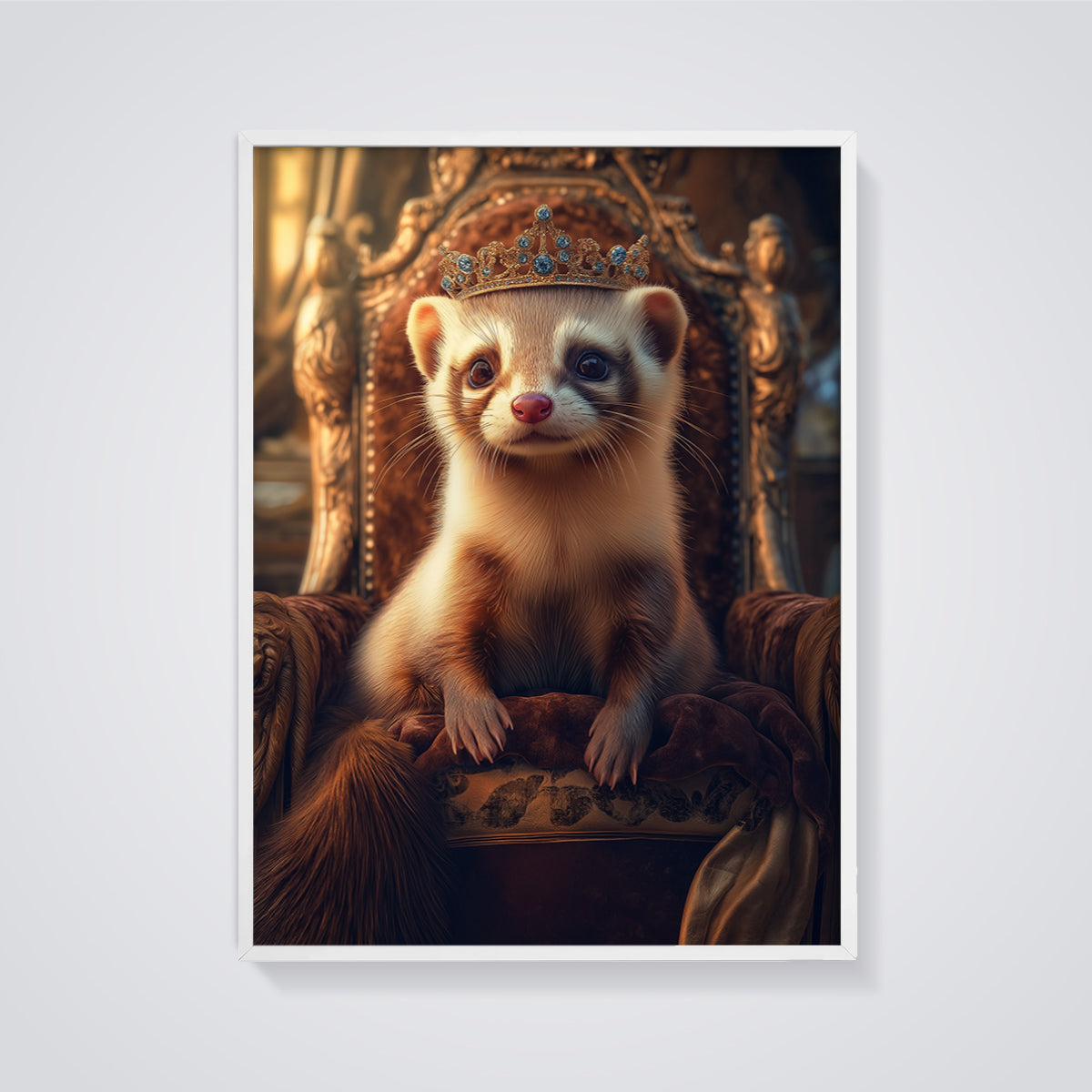 Regal Ferret King Print framed in white on a grey background