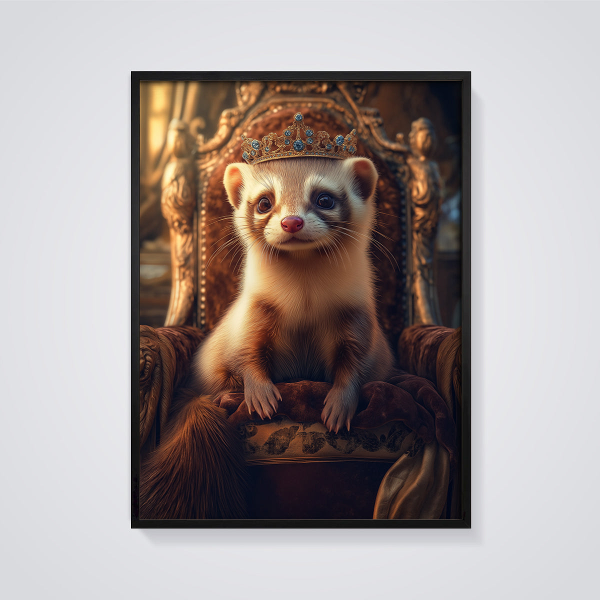 Regal Ferret King Print framed in black on a grey background